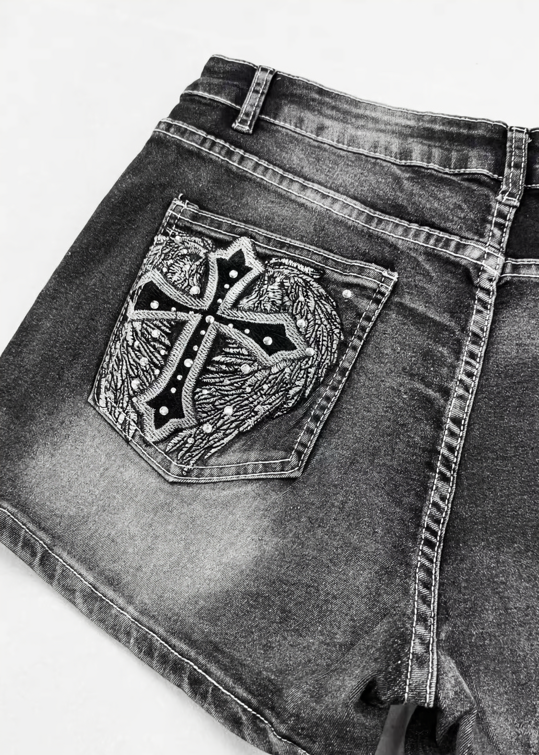 CROSS EMBROIDERY DENIM SHORT PANTS / LG1619