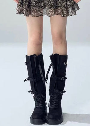 MULTI BUCKLE LACE-UP PLATFORM LONG BOOTS / V1191