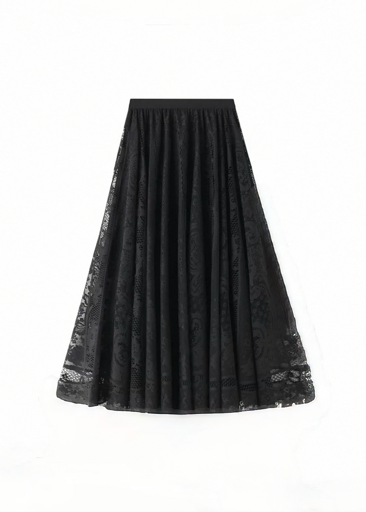 Black Lace A-Line Pleated Long Skirt / LG1522