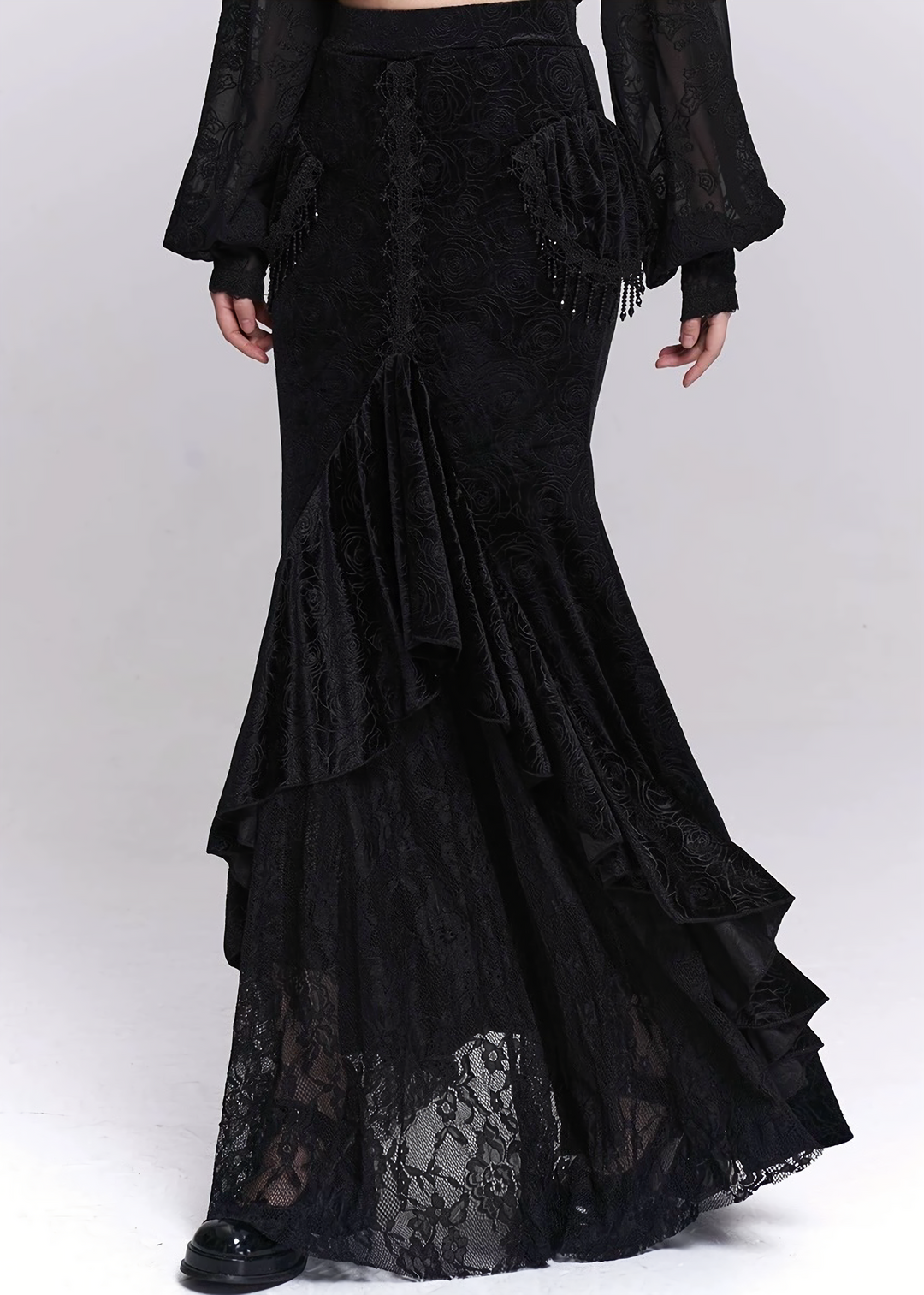 Black Jacquard Fishtail Long Skirt / LG1521