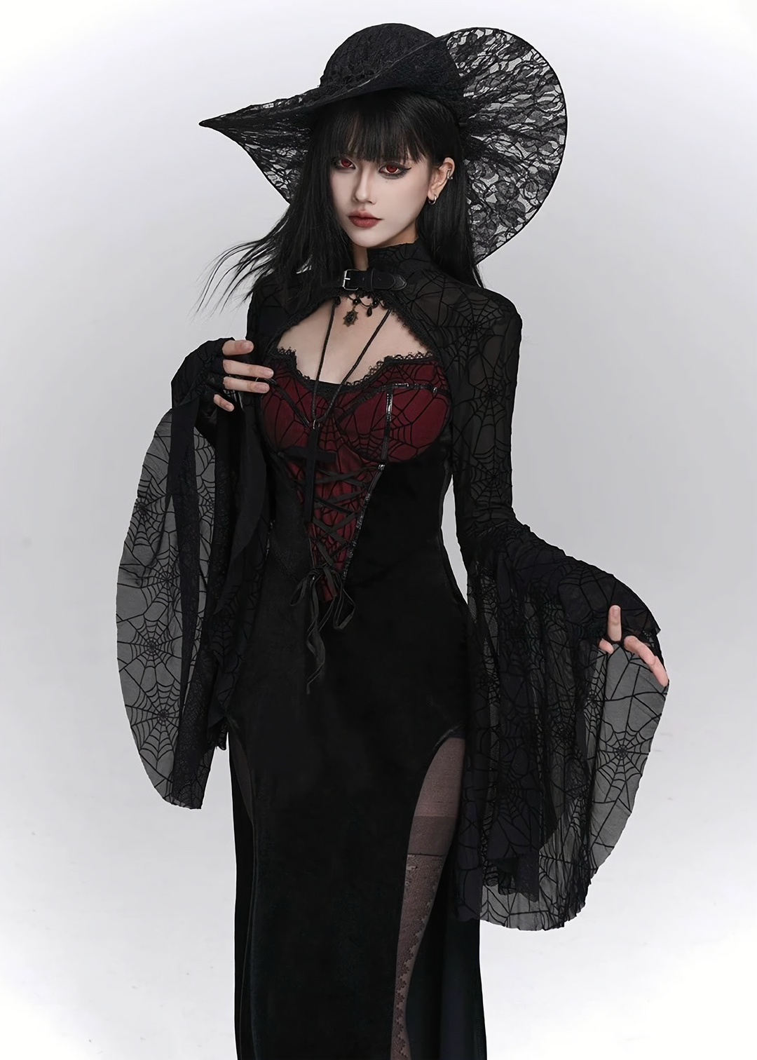Crimson Web Lace-up Gothic Dress  & Cardigan  / LG1410