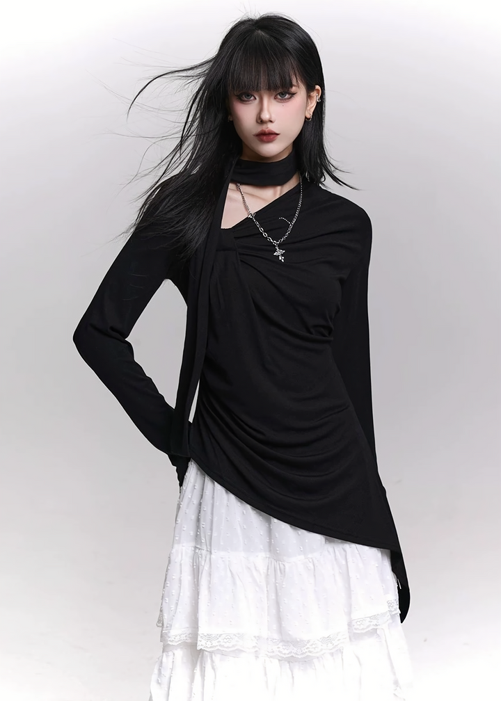 ASYMMETRIC DRAPE NECK TOP/LG1468