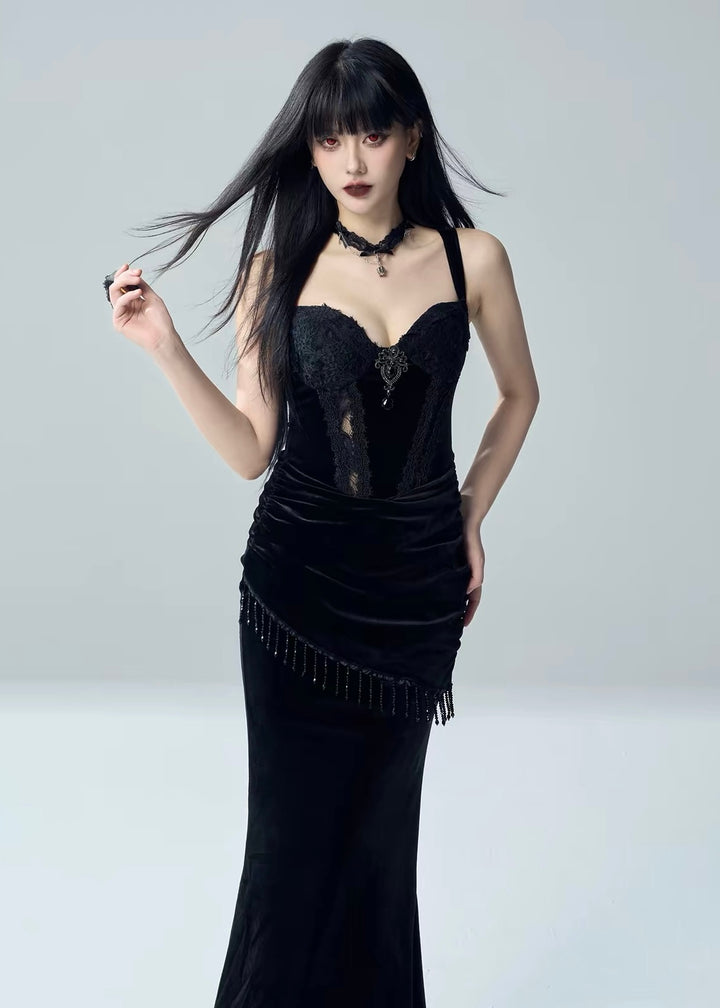 VELVET LACE DRAPE DRESS / LACE BELL SLEEVE BOLERO / LG1731