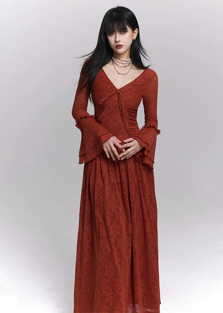 RUCHED LACE FLARE SLEEVE DRESS / LG1482