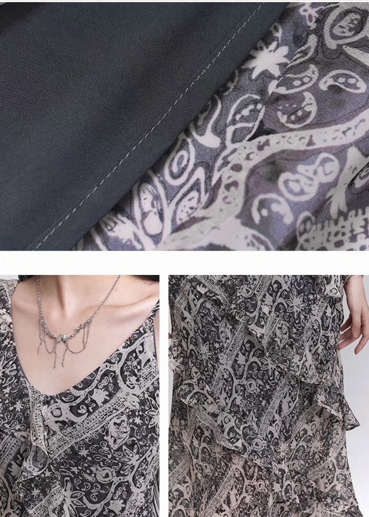 Grey tie-dye x tulle drape dress / lg1312 