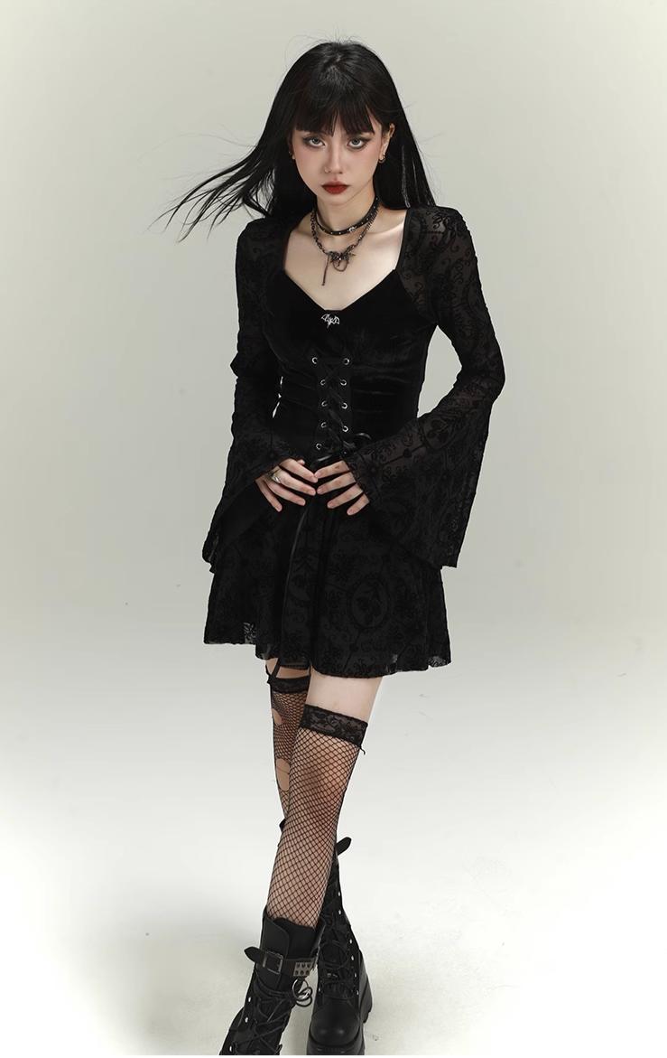 TAIVIMART  -  Gothic French Hepburn Style Retro Velvet Dress for Women's New Spring Design Y2K Dark Vintage Punk High Waist Long Dresses
