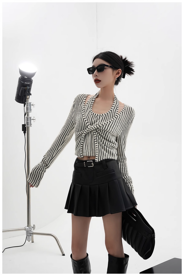 pu leather pleated skirt/sr1103