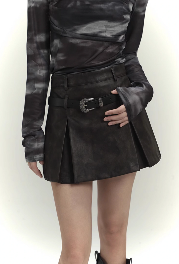 retro high waist leather short skirt / LG1105