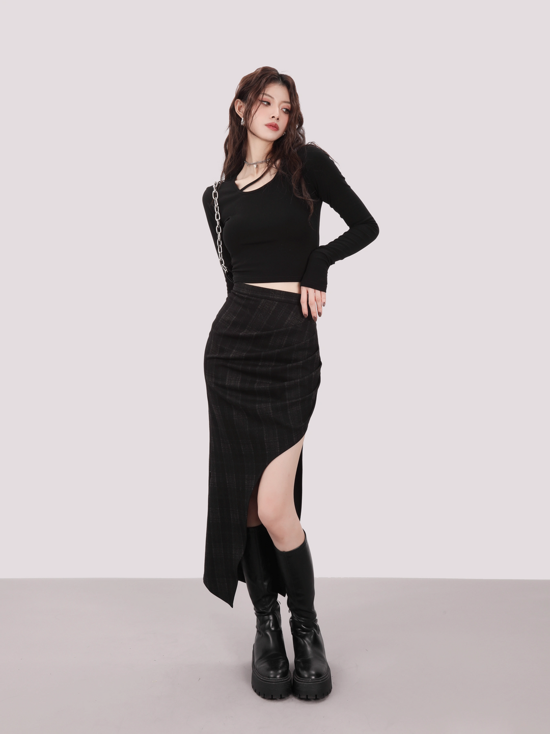 Irregular black check calf length skirt/mu1103