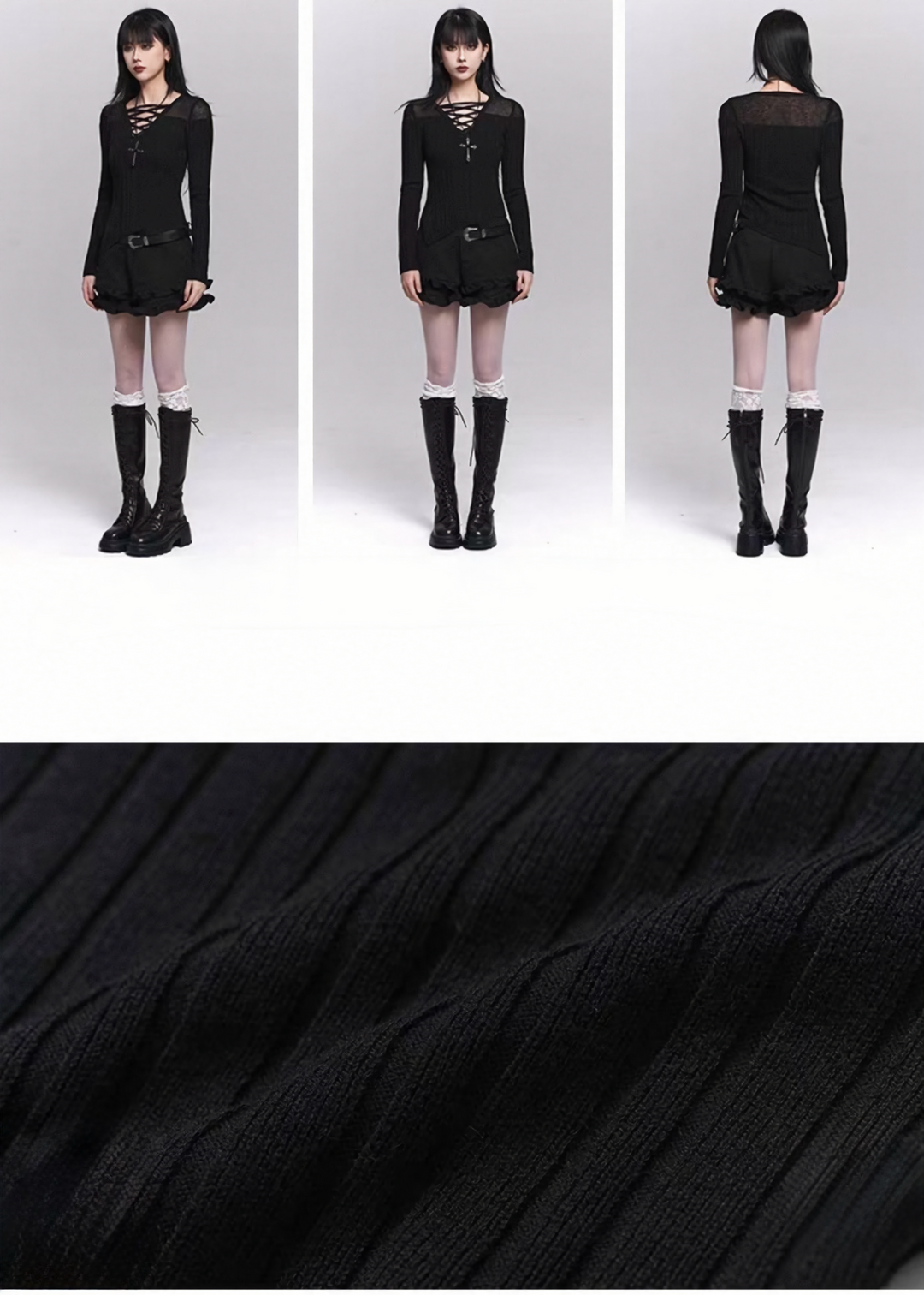 LACE-UP V-NECK KNIT TOP / LG1497