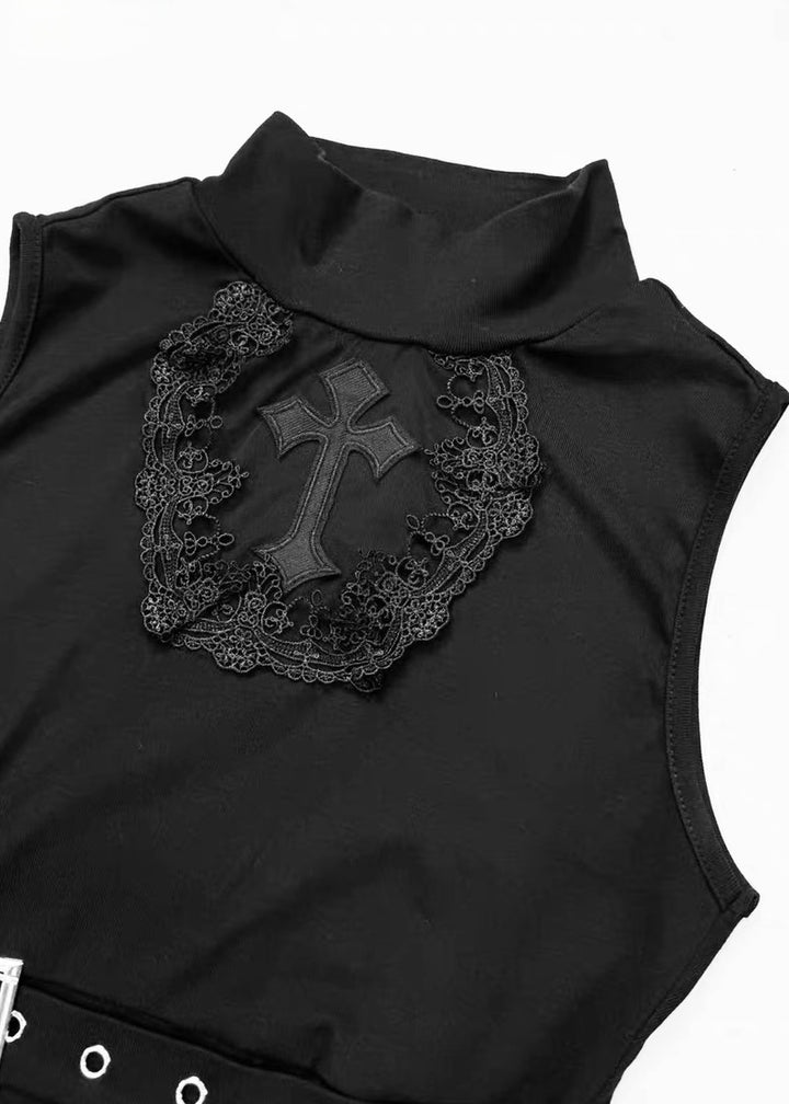 GOTHIC CROSS BUCKLE CUTOUT TOP / LG1616