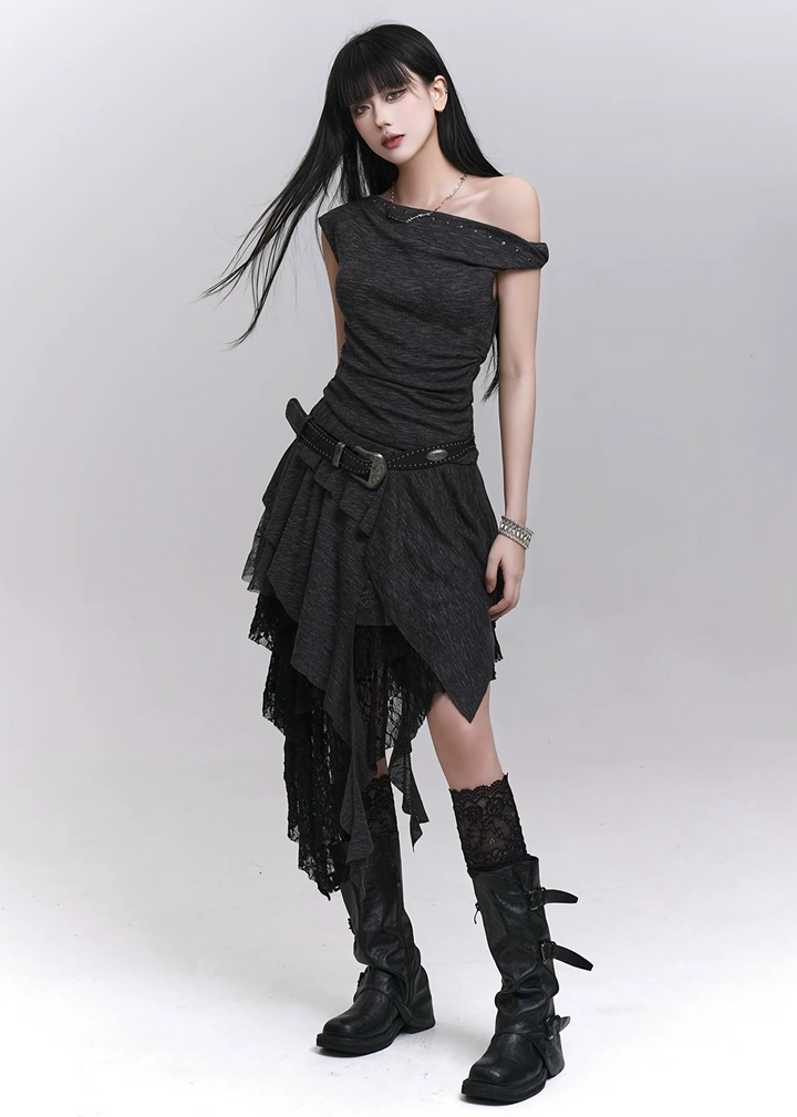 Asymmetrical layered off-shoulder dress / lg1318
