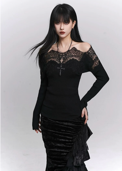 SHADOW LACE OFF-SHOULDER KNIT TOP / LG1487