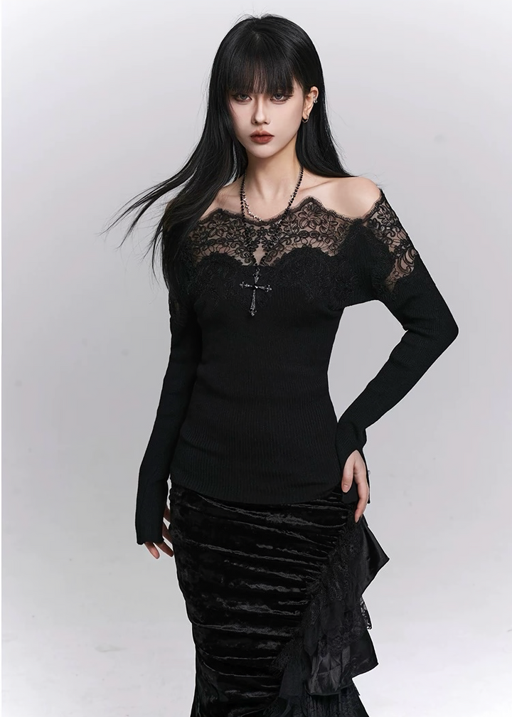 SHADOW LACE OFF-SHOULDER KNIT TOP / LG1487