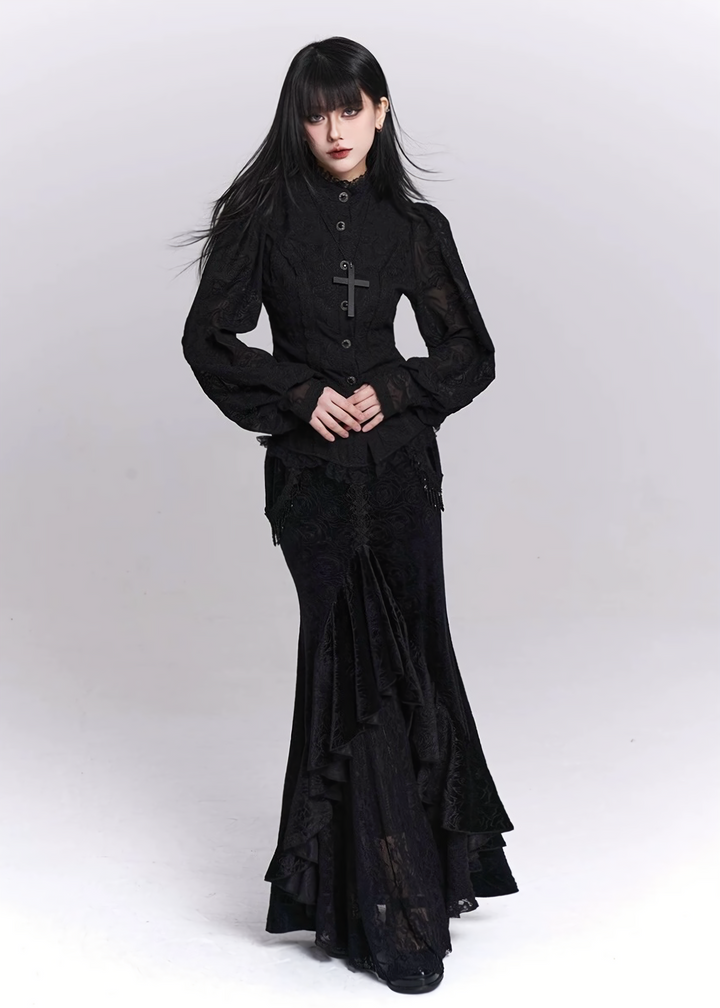 Black Jacquard Waist-Shaped Shirt / LG1520