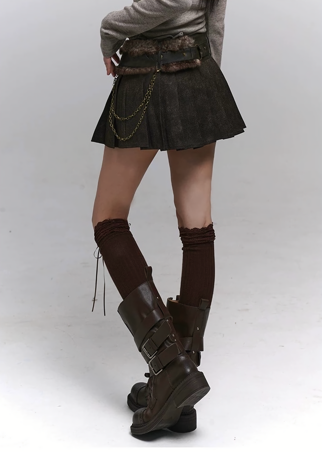 CHAIN BELT PLEATED MINI SKIRT / lg1333