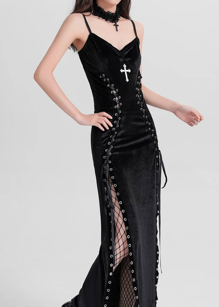 DARK VELVET CORSET SLIT LONG DRESS / LG1576