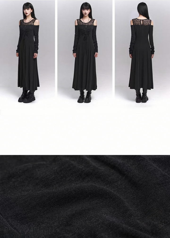 Lace-up Sheer Sleeve Long Dress / lg1336_e4r