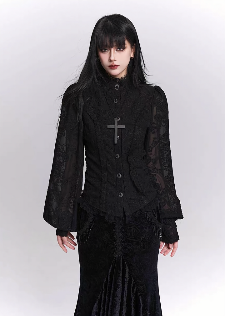 Black Jacquard Waist-Shaped Shirt / LG1520