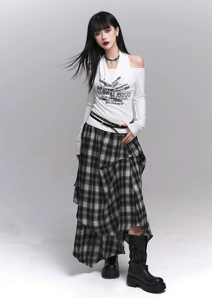 Asymmetry Check Maxi Skirt / lg1371