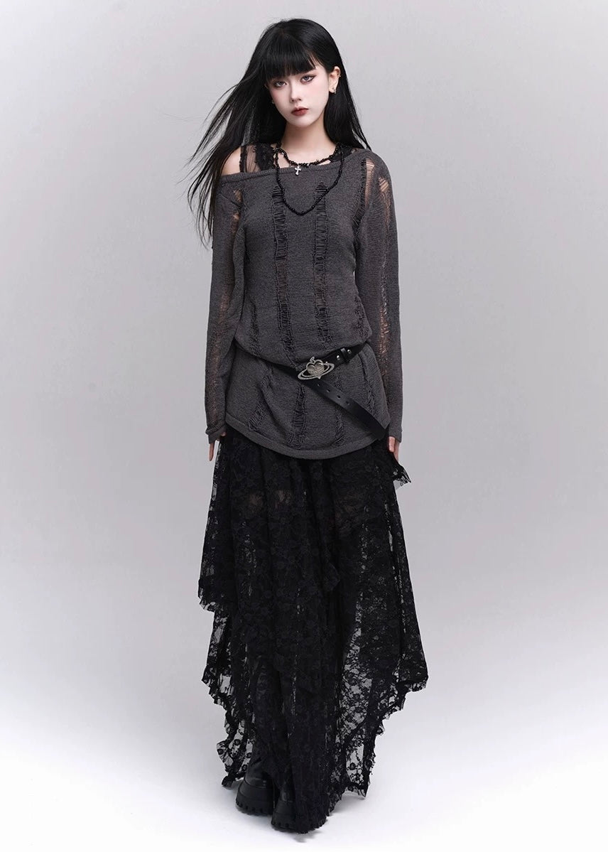 [Same-day delivery] Black lace irregular long skirt / LG1199 