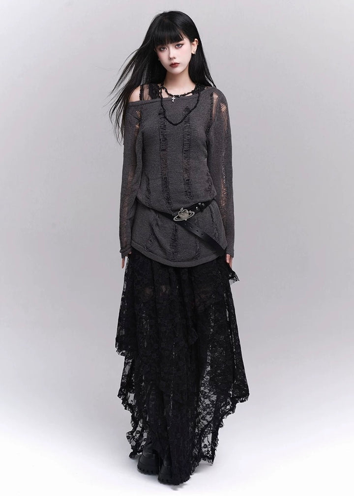 【即日配送】black lace irregular long skirt / LG1199