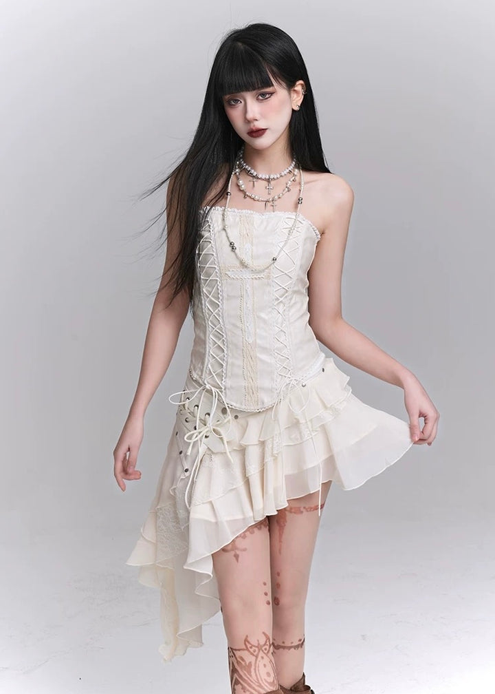 white cross tube top &amp; lace irregular skirt / LG1240