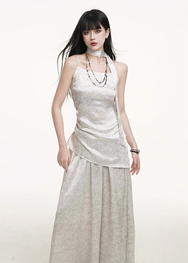 Asymmetrical camisole + A-line pleated skirt set / lg1256