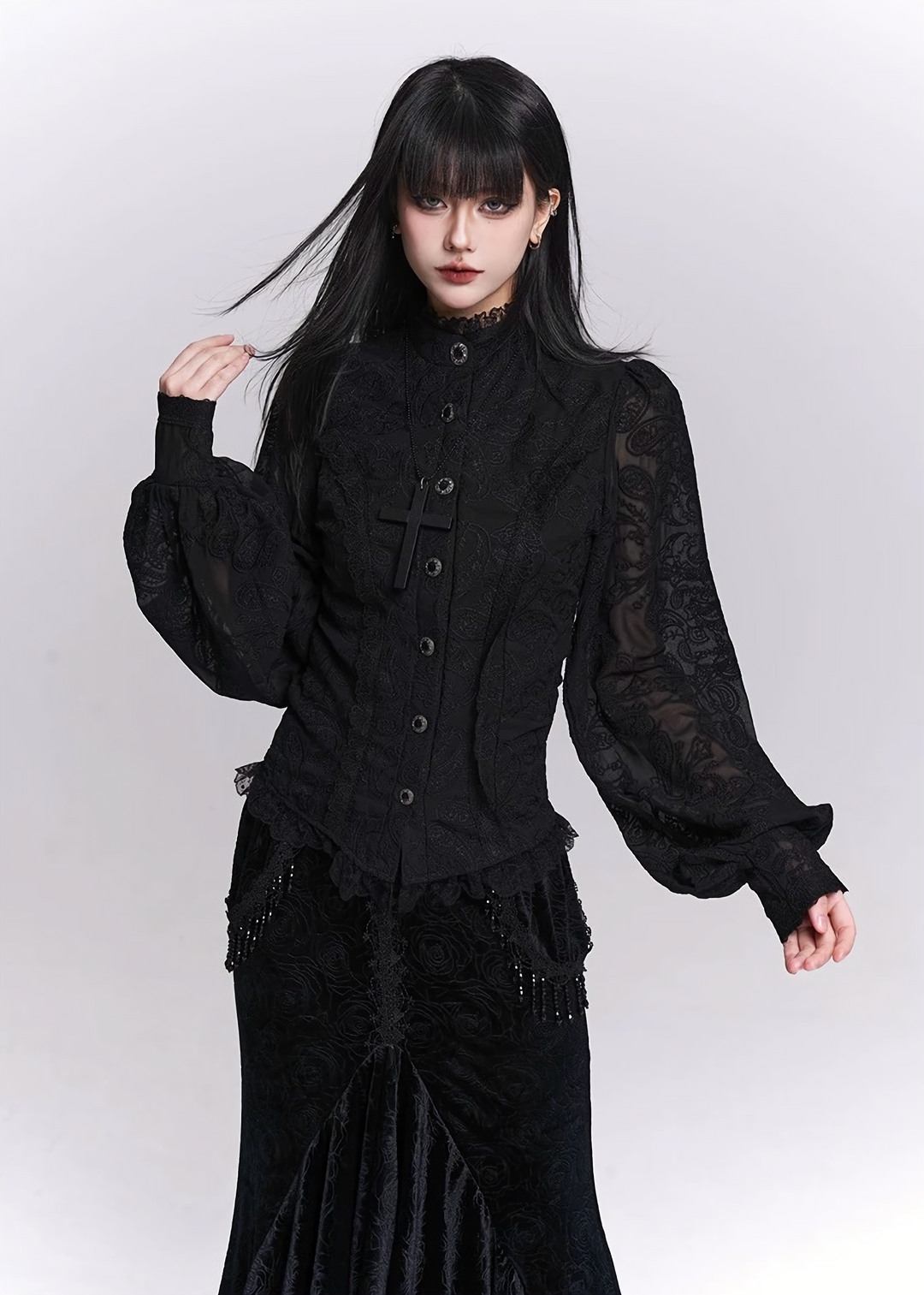 Black Jacquard Waist-Shaped Shirt / LG1520