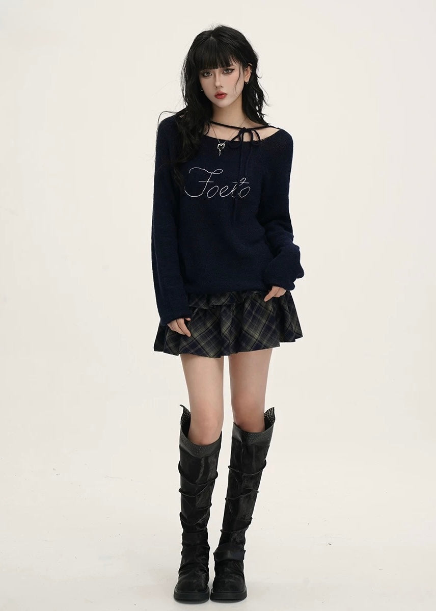 Ribbon Neck Sheer Knit Tops /LG1389