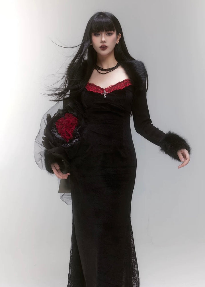 velvet black dress &amp; cropped fur jacket / LG1211