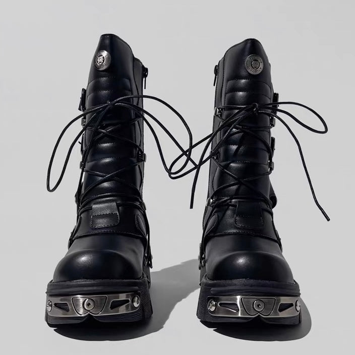 DARK Buckle Lace-Up Platform Boots / V1180
