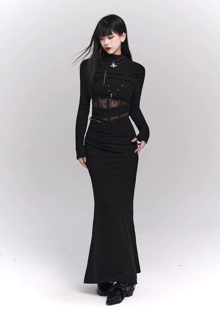 【당일 배송】Black lace cut and sew &amp; mermaid skirt / LG1143