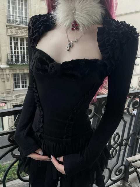 FUR TRIM ROSE CAMISOLE & RUFFLE BOLERO SET / LG1736