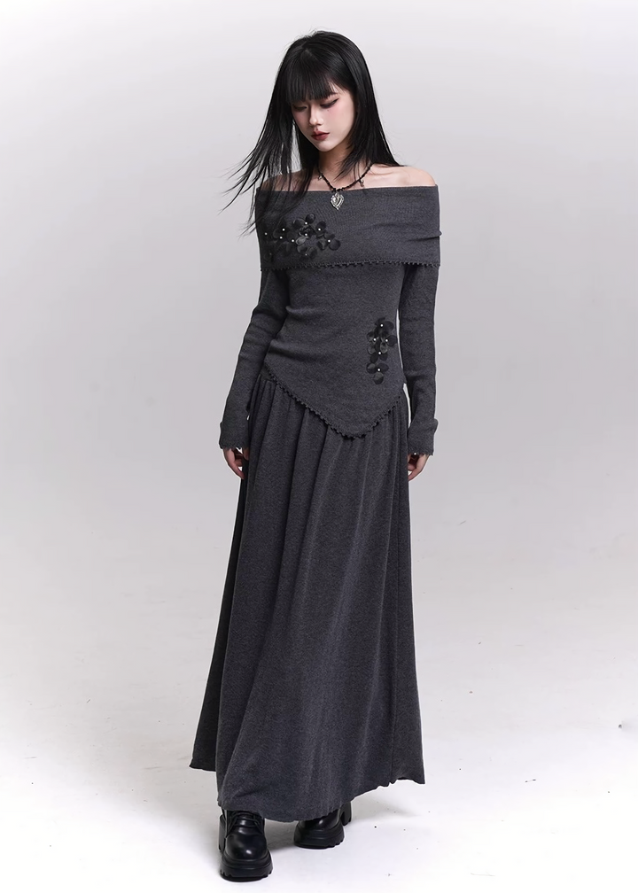 OFF-SHOULDER PETAL-APPLIQUÉ LONG ONE-PIECE / LG1459