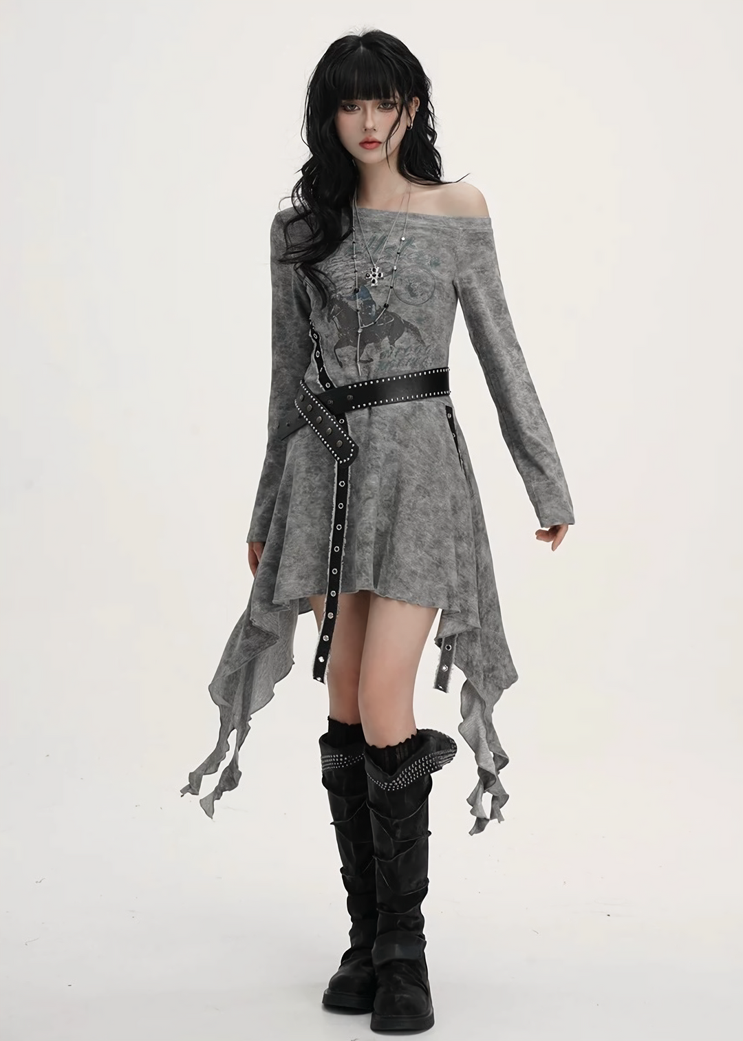 ACID WASH ASYMMETRIC BELTED DRESS / lg1363_e4r