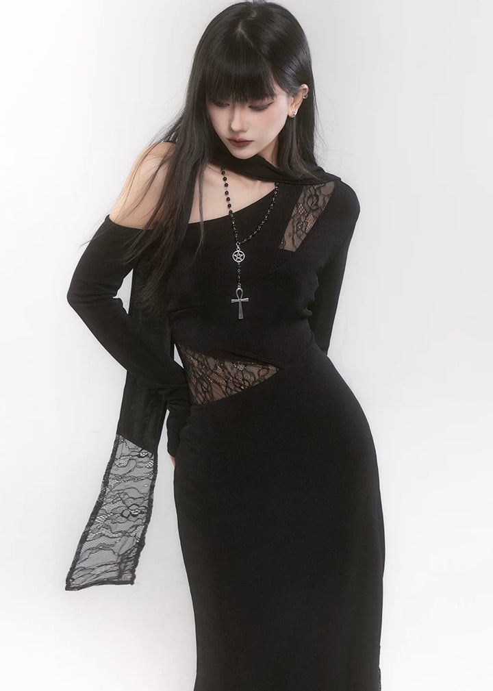 【당일 배송】one shoulder scarf dark dress / LG1190