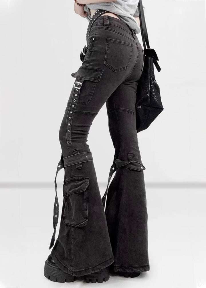 DARK WASHED BUCKLE FLARE CARGO PANTS / LG1683