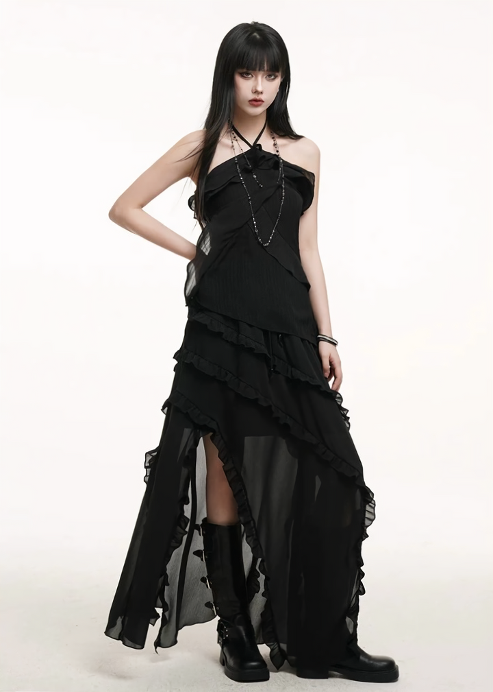 Halter neck suspender top &amp;amp; irregular hem long skirt / lg1264 