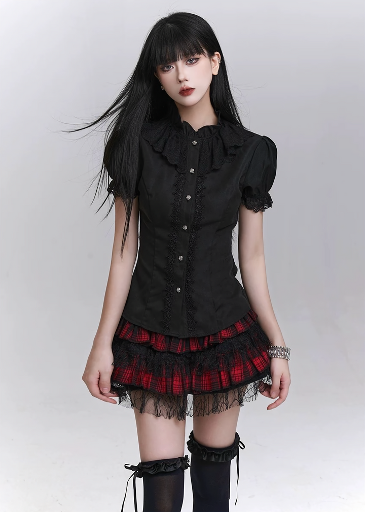 Lace-trimmed puff sleeve shirt / LG1301 