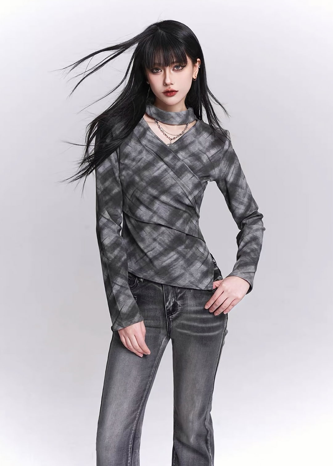 SMOKE PLAID WRAP TOP / LG1527