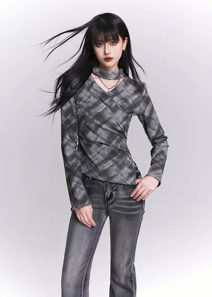SMOKE PLAID WRAP TOP / LG1527
