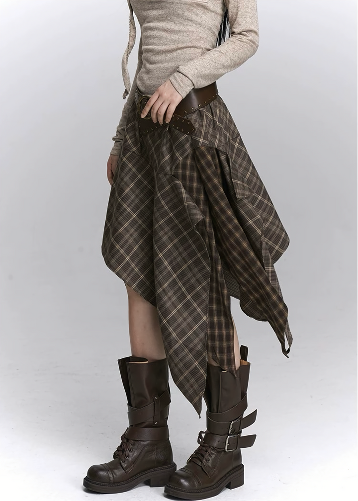 ASYMMETRY CHECK DRAPE SKIRT / LG1447