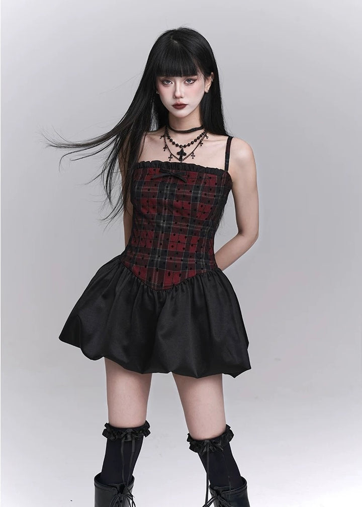 checkered suspender short dress / LG1246