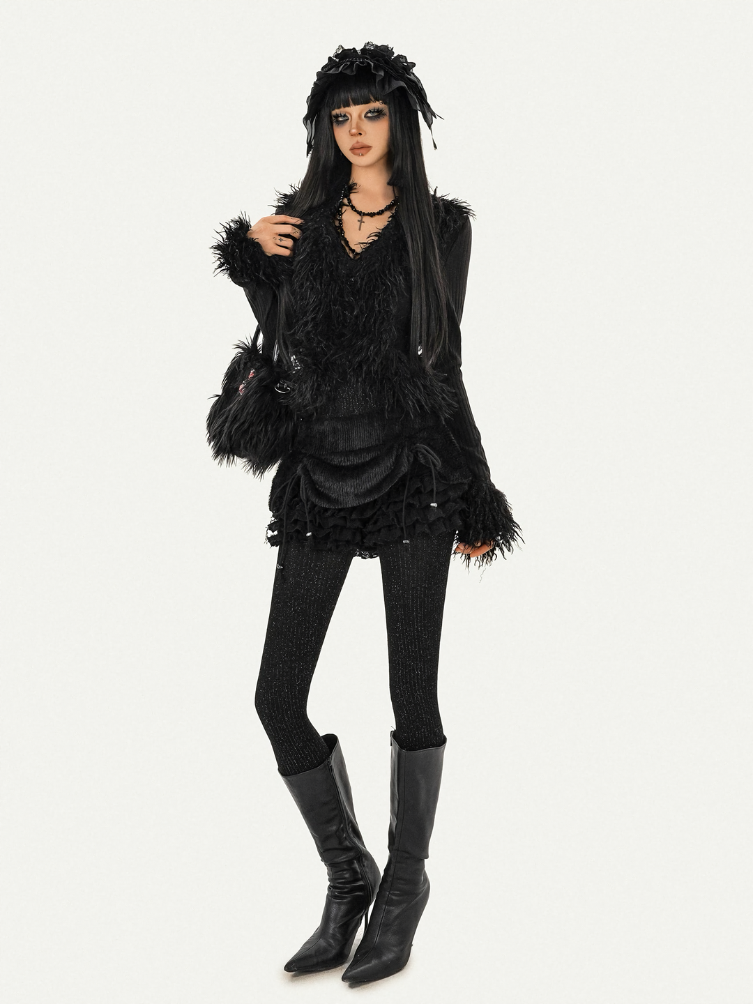 GOTHIC FUR LAYERED KNIT TOP / NM1101