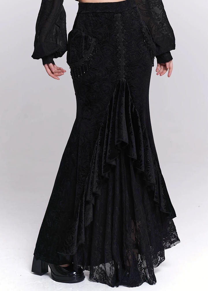 Black Jacquard Fishtail Long Skirt / LG1521