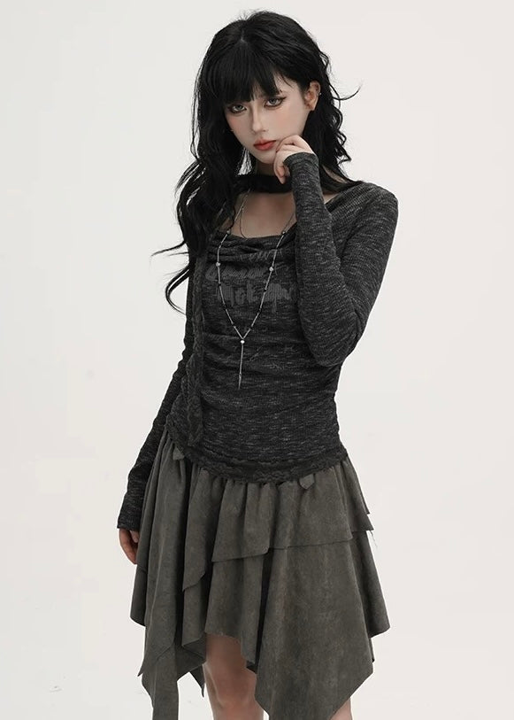 ASYMMETRY SUEDE LAYERED SKIRT / LG1397