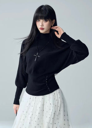 HIGH NECK BUTTONED WAIST KNIT TOP / LG1724
