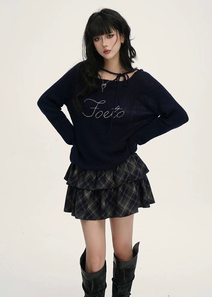 Ribbon Neck Sheer Knit Tops /LG1389
