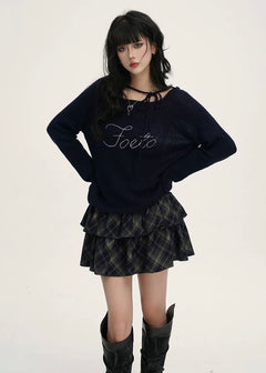 Ribbon Neck Sheer Knit Tops /LG1389